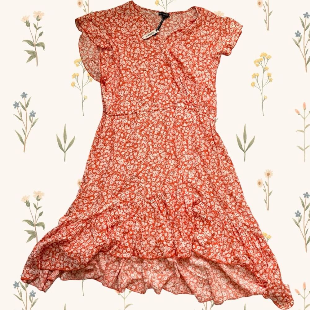 NWT Coco + Carmen High Low Pumpkin Orange Floral Dress Flutter Sleeves L/XL